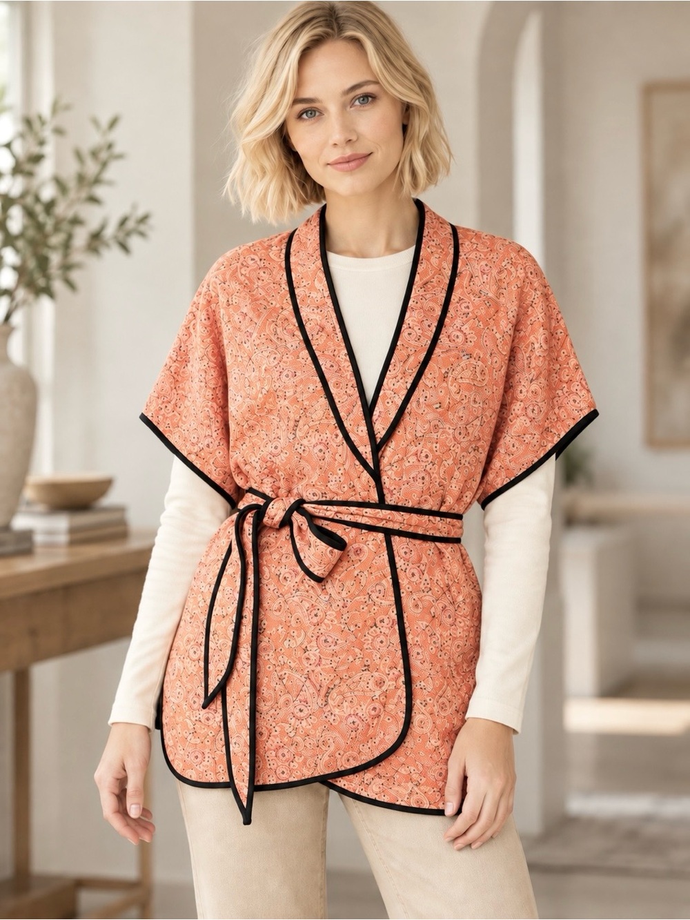 J. Jill Boho Quilted Ruana Jacket Kimono Style Paisley Print Belted Open Front